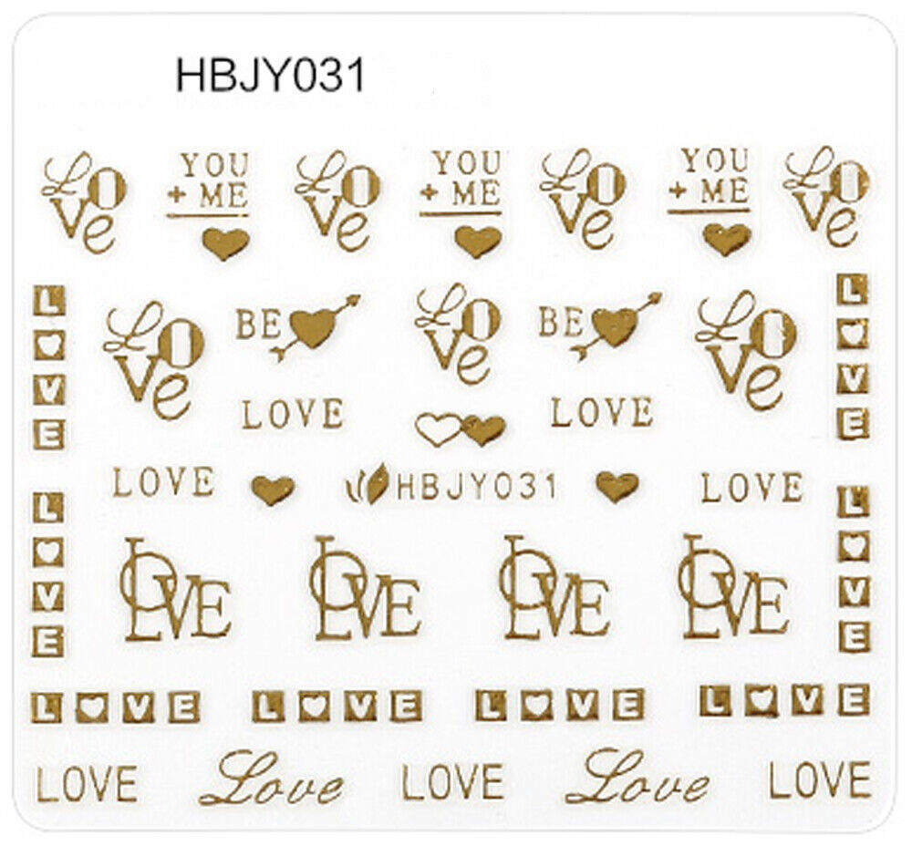 Nail Art 3D Decal Stickers Golden Color Hearts Words Love HBJY031