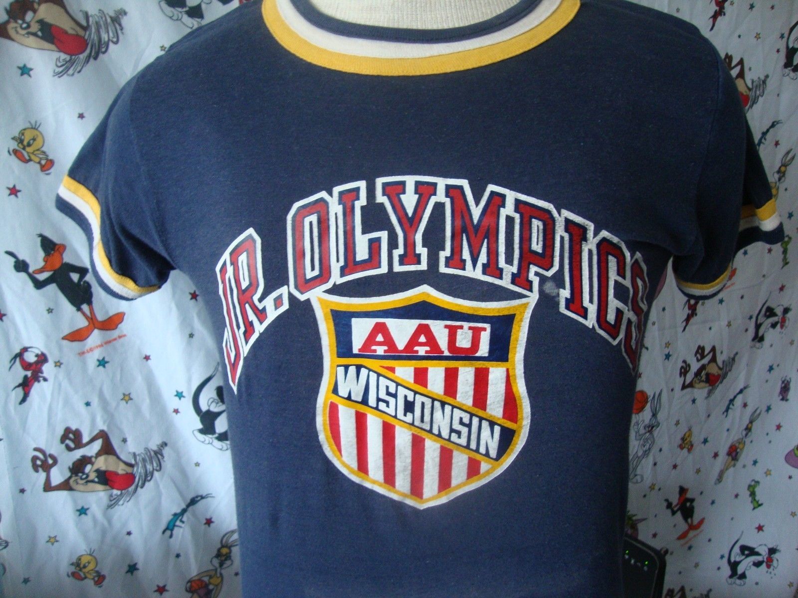 Primary image for Vintage Champion Blue Bar Tag Wisconsin Jr Olympics ringer T Shirt Sz S