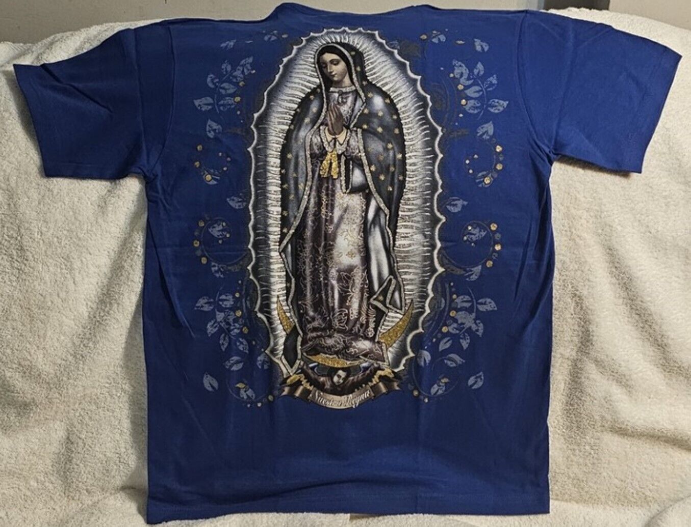 OUR LADY OF GUADALUPE NUESTRA REYNA VIRGIN MARY PRAY T-SHIRT SHIRT BLUE ...