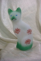 Fenton Stylized Cat White Satin Sand Carved With Poinsettias Air Brushed Gr - $61.99