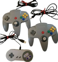 3 Piece Nintendo Controllers Gray USB Pre-Owned Ninetendo 64/SNES Joysticks - $24.75