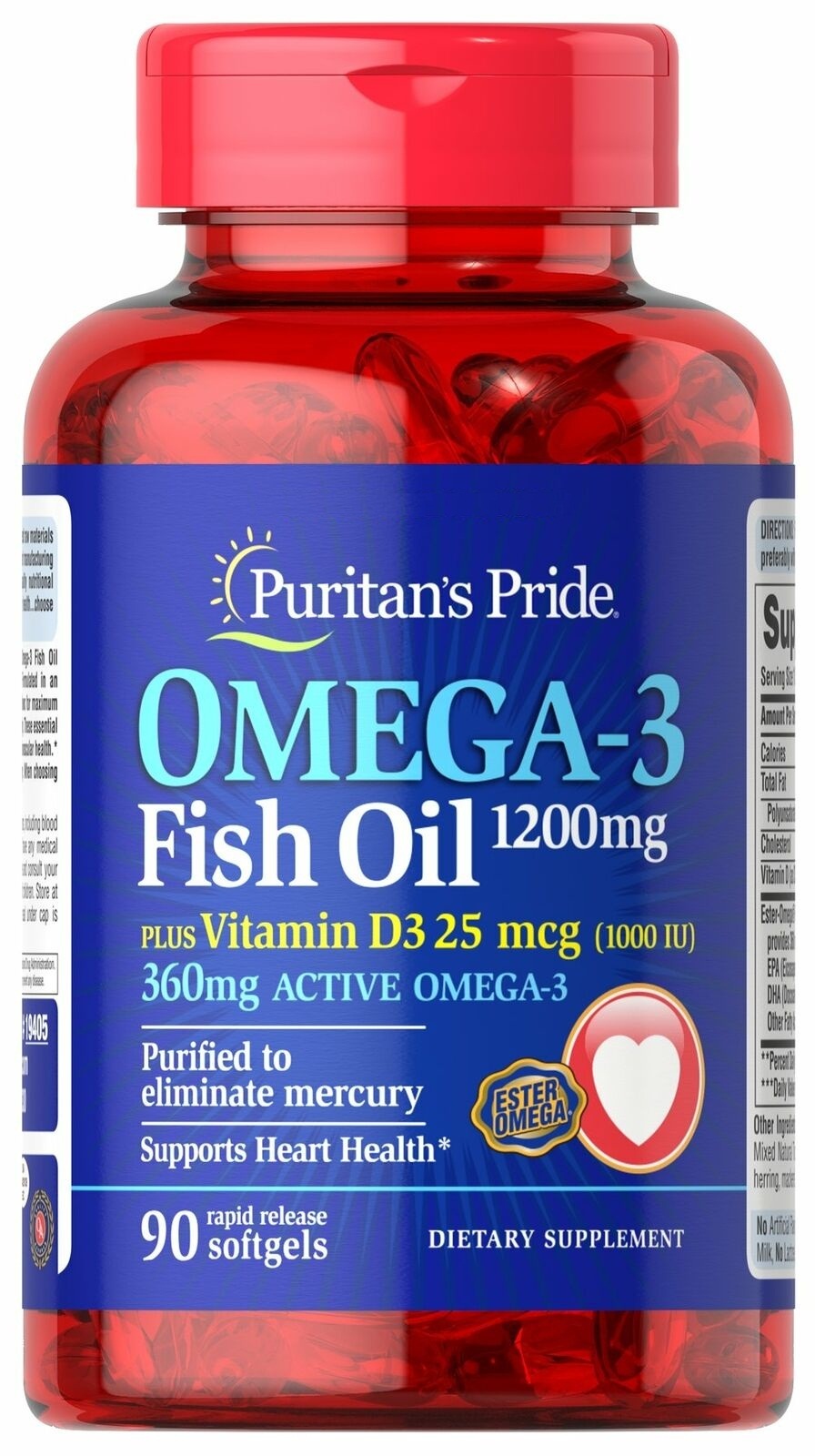 Puritan's Pride Omega 3 Fish Oil 1200 mg plus Vitamin D3 1000 IU 90