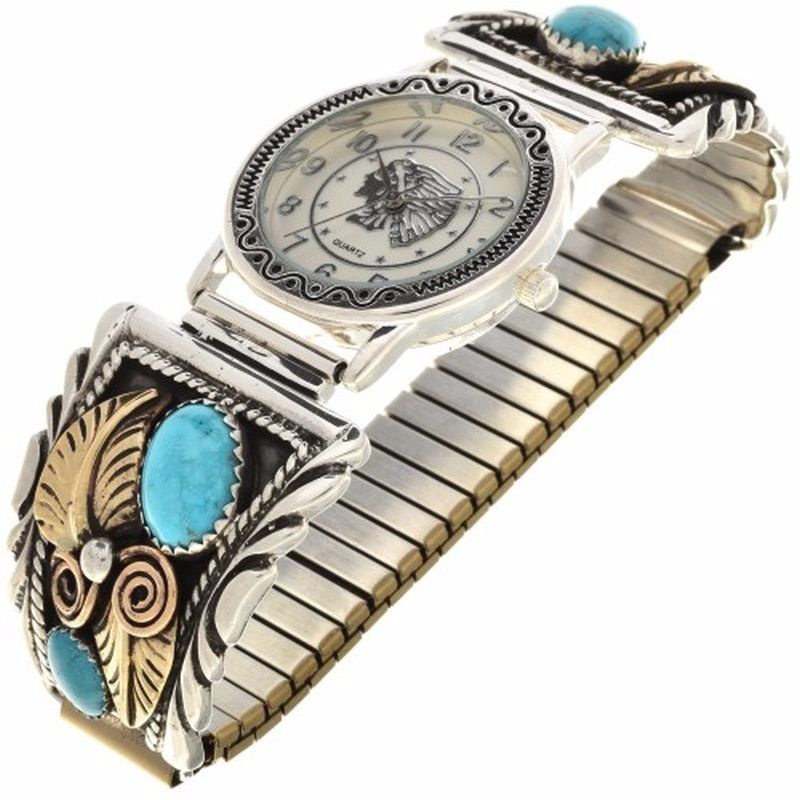 Navajo 14K Gold Sterling Silver Turquoise WATCH Mens Stretch Band