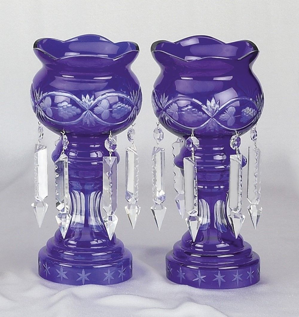 Pretty set of two Blue Crystal Overlay Prisms Bohemian Style Candle Holders Candles, Holders