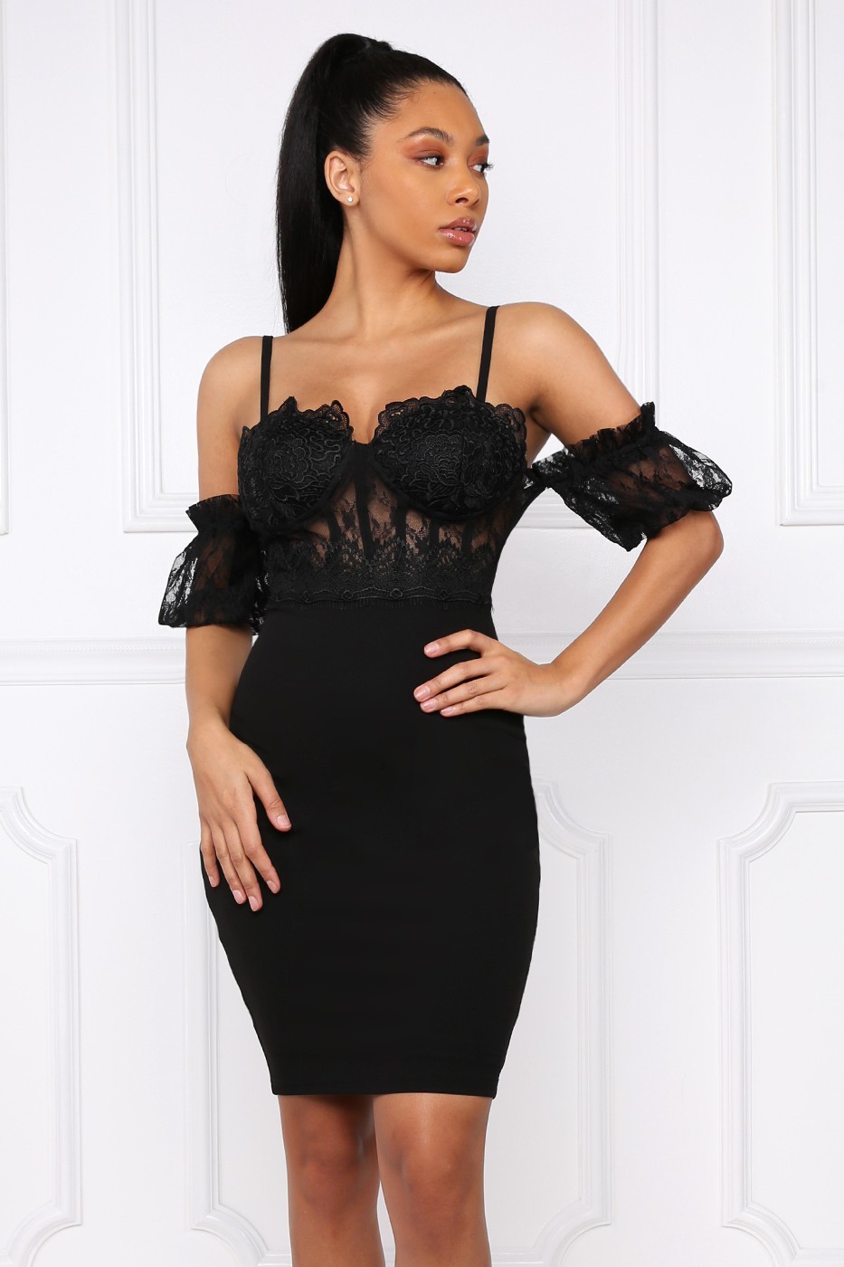 Black Party Bodycon Mini Dress, Off Shoulder Ruffled Sleeves