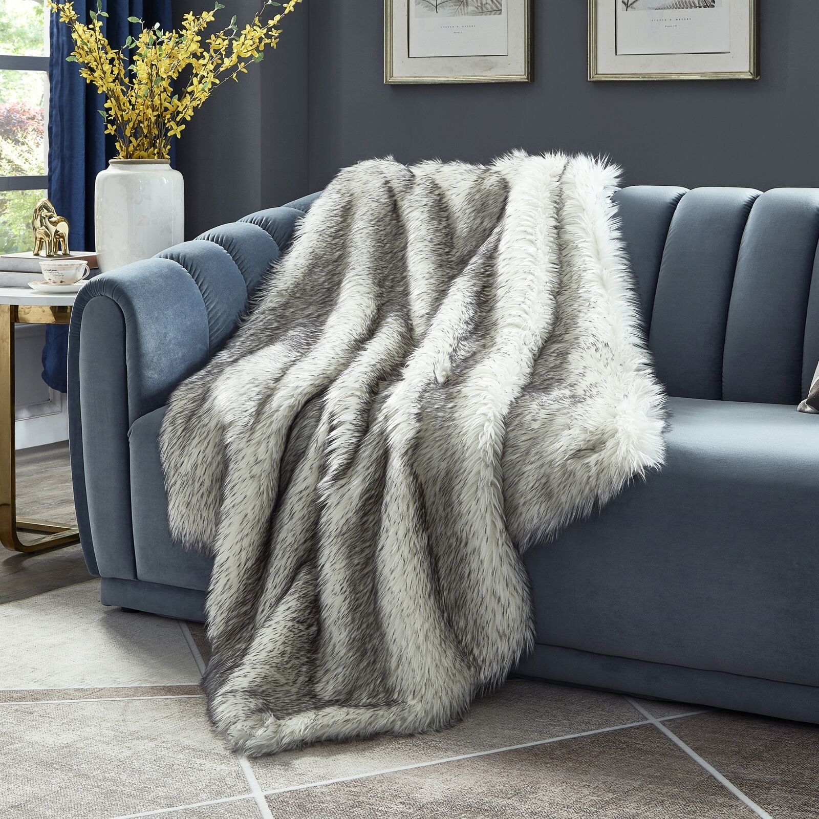 Waleed Faux Wolf Fur Throw Reverse Micromink 50"x60", Dark Grey