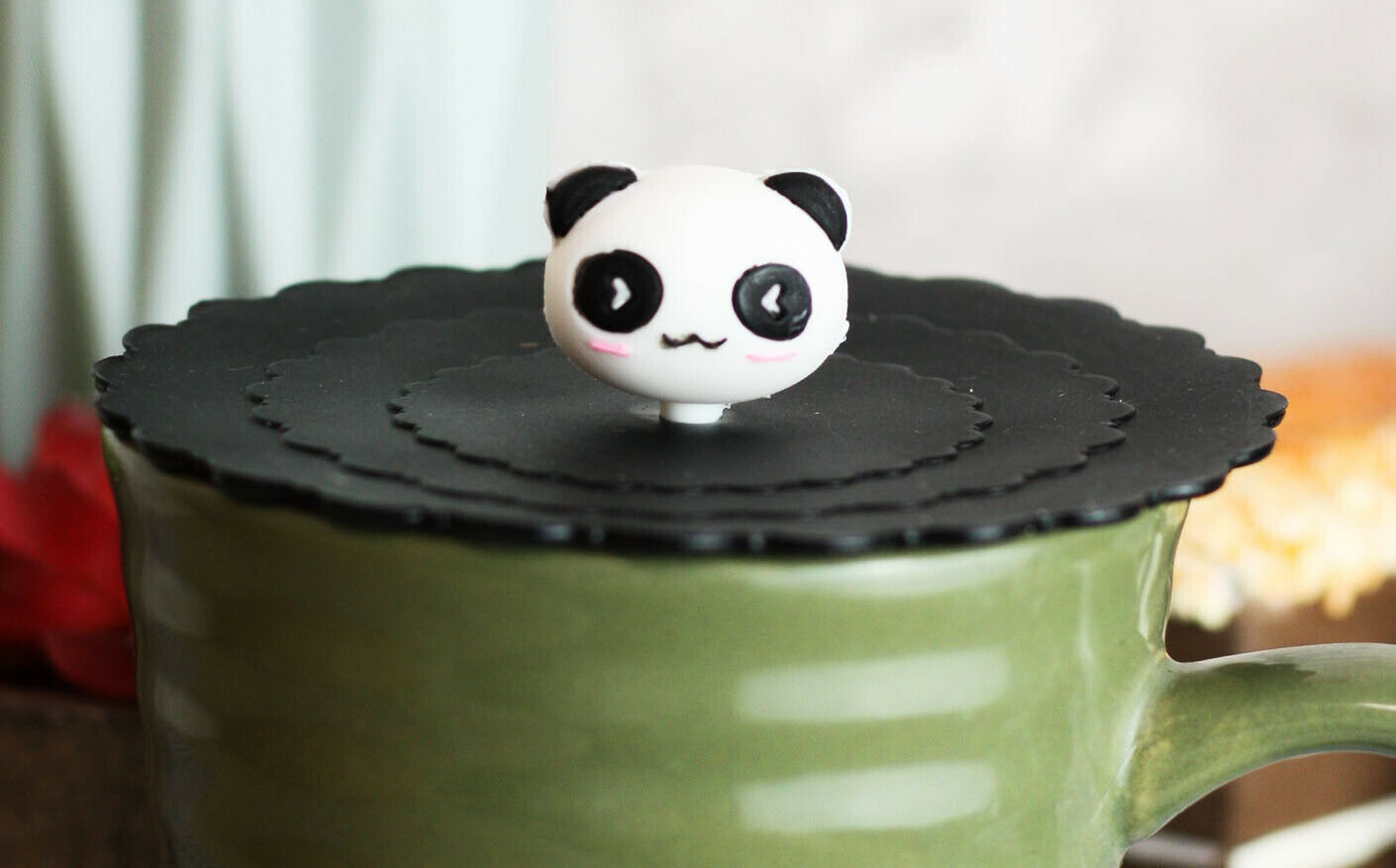 Set Of 4 Black Giant Panda Reusable Silicone Coffee Tea Cup Cover Lids Air Tight