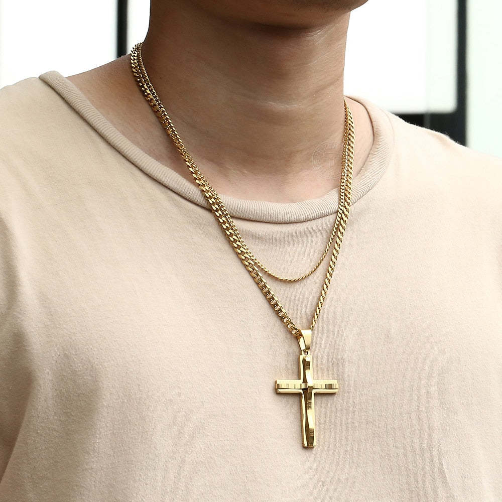 Punk Miami 2Pcs/Set Gold Color Big Cross Pendant Necklace for Men Women Stainles