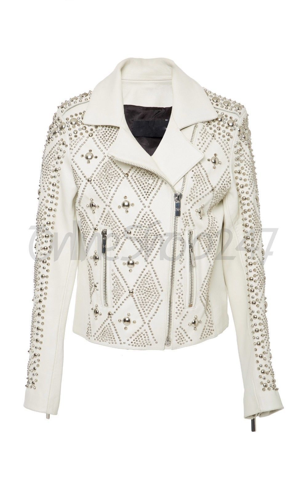 New Women Nour Hammour White Full Silver Metallic Unique Design Leather Jacket