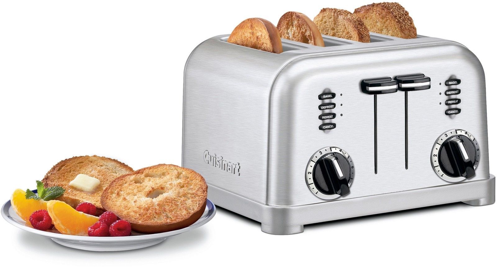 Stainless Steel 4 Slice Toaster Motorized Lift Reheat Defrost Bagel