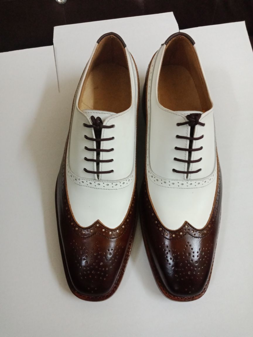 Wing Tip White Brown Premium Leather Oxford PartyWear Lace Up Handmade Men Shoes