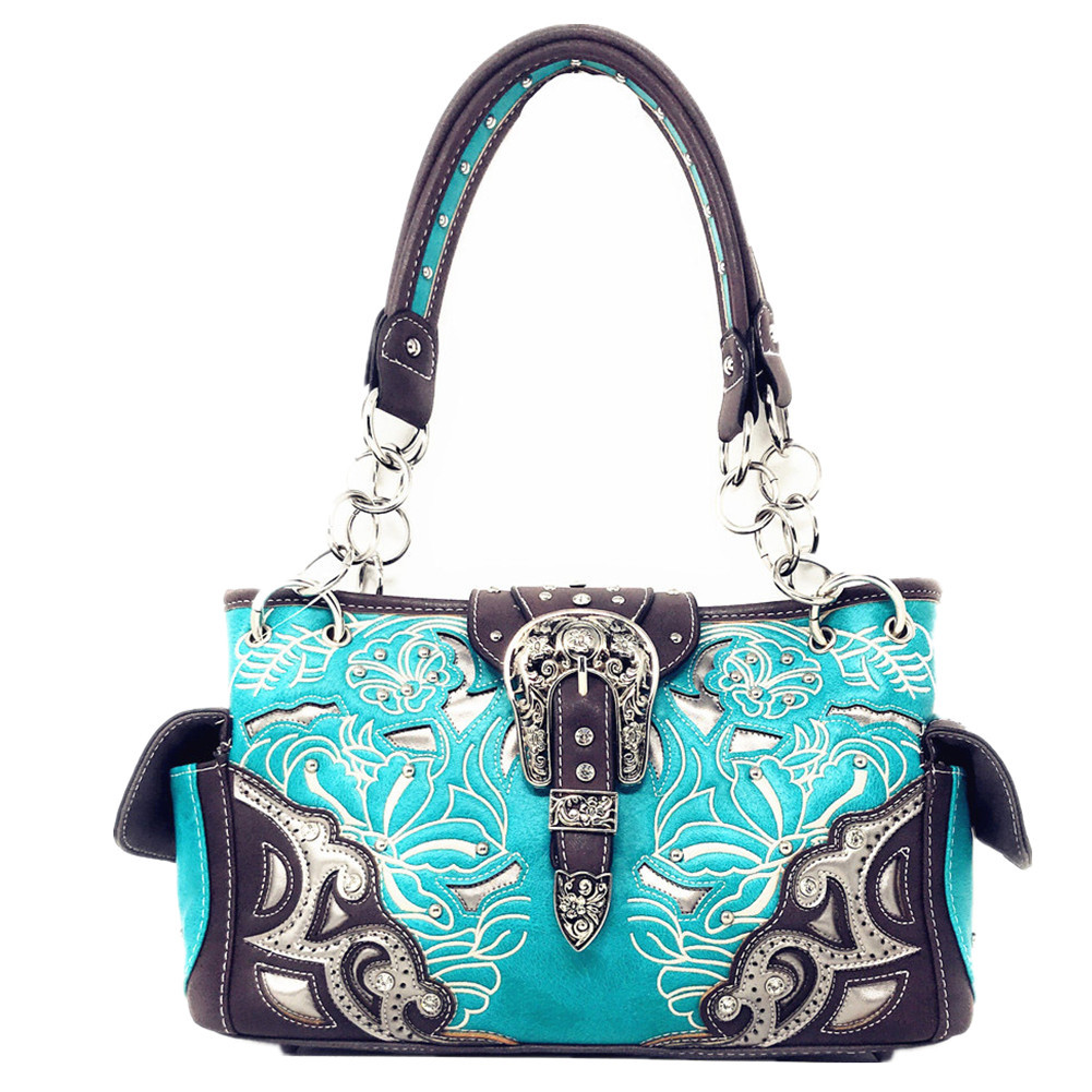 Premium Floral Rhinestone Buckle Leather Concealed Carry Laser Cut Women Handbag