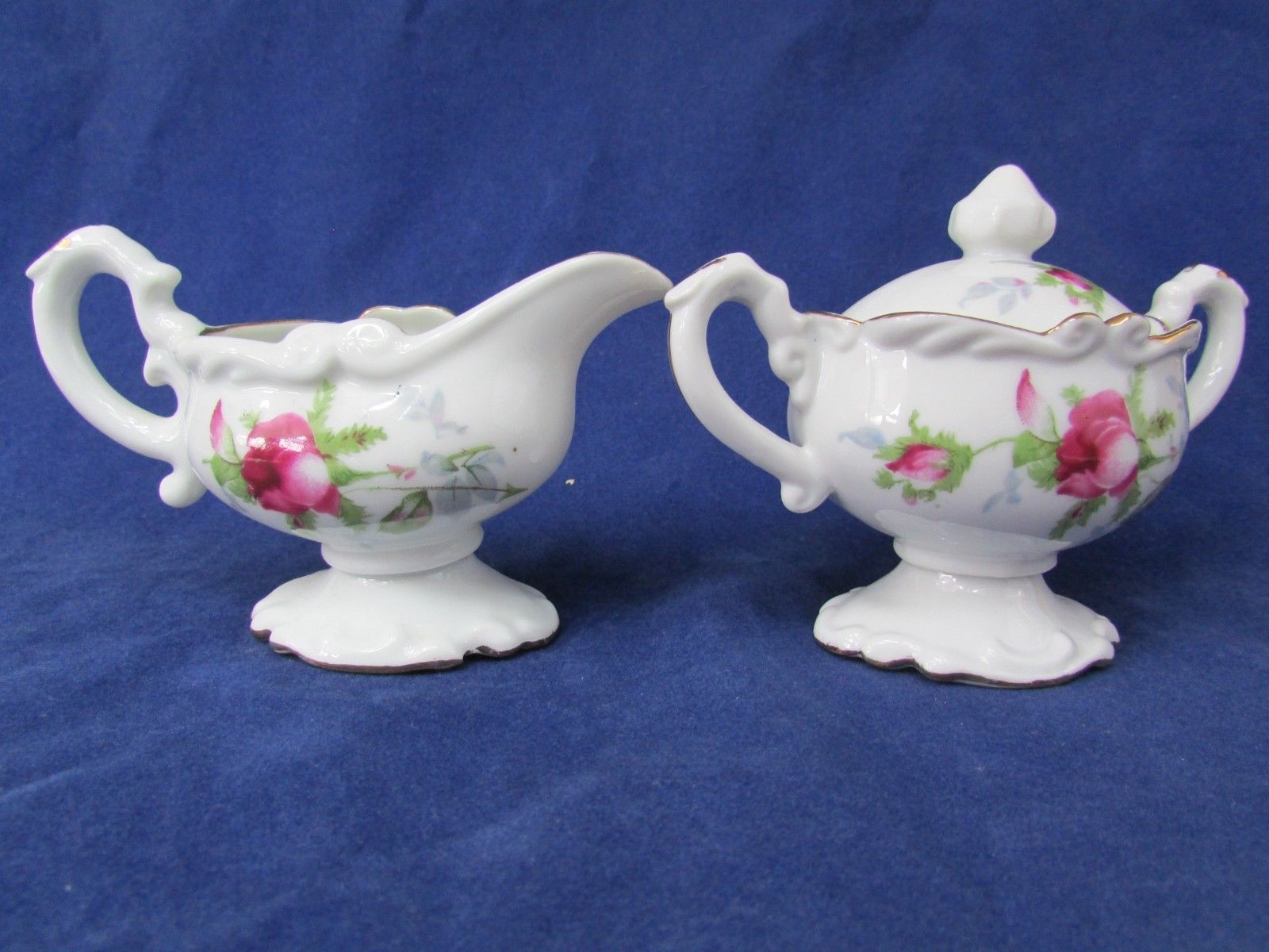 Antique Porcelain Creamer and Sugar Bowl Set Floral NWL151 Pink Rose