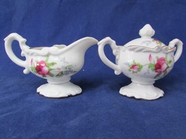 Antique Porcelain Creamer and Sugar Bowl Set Floral NW-L-151 Pink Rose - $34.65