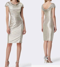 Silver Metallic Formal Dress Size 6 Back Zip Cap Sleeve Cowl Neck Ruched... - $47.50