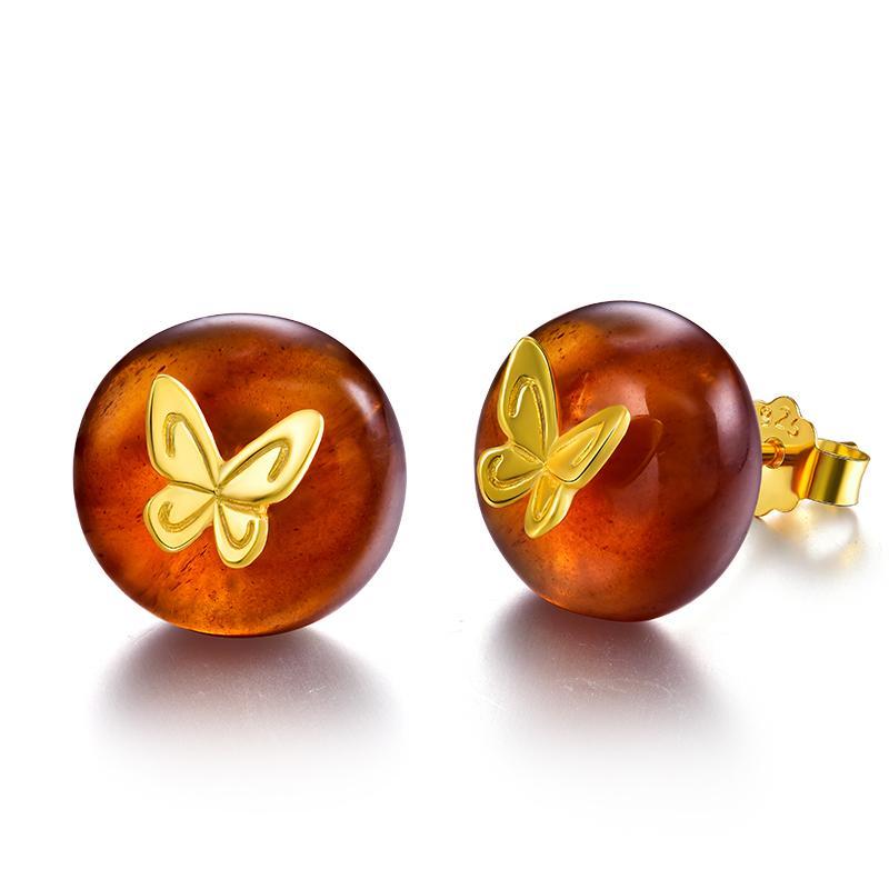 Amber Butterfly Stud Earrings - 925 Sterling Silver + 18K Gold