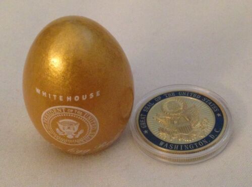 TRUMP GOLD 2018 EASTER EGG SIGNED WHITE HOUSE CHALLENGE COIN EAGLE SEAL = 2 pc 