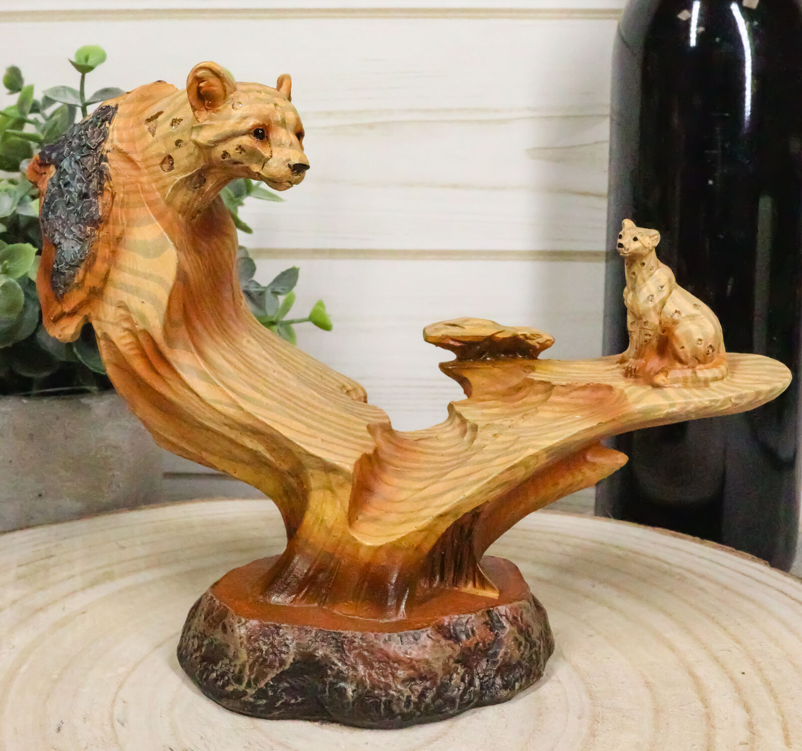 Big Cat Leopard Figurine Faux Wood Resin Cutout Carving Jungle Safari Scene