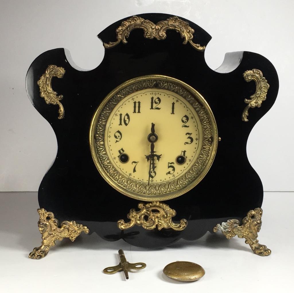 Antique New Haven Enamel Cast Iron Case Mantel Clock Brass Accents 11 ...