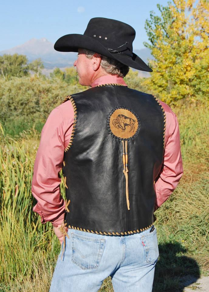 Men's Western wear Black Buffalo Leather Vest Bison bull Back bones ...