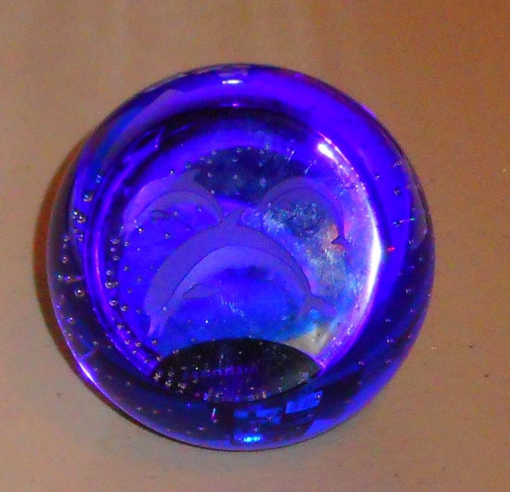Blue Round Glass Dolphin Paperweight Caithness Scotland 3 Inch with