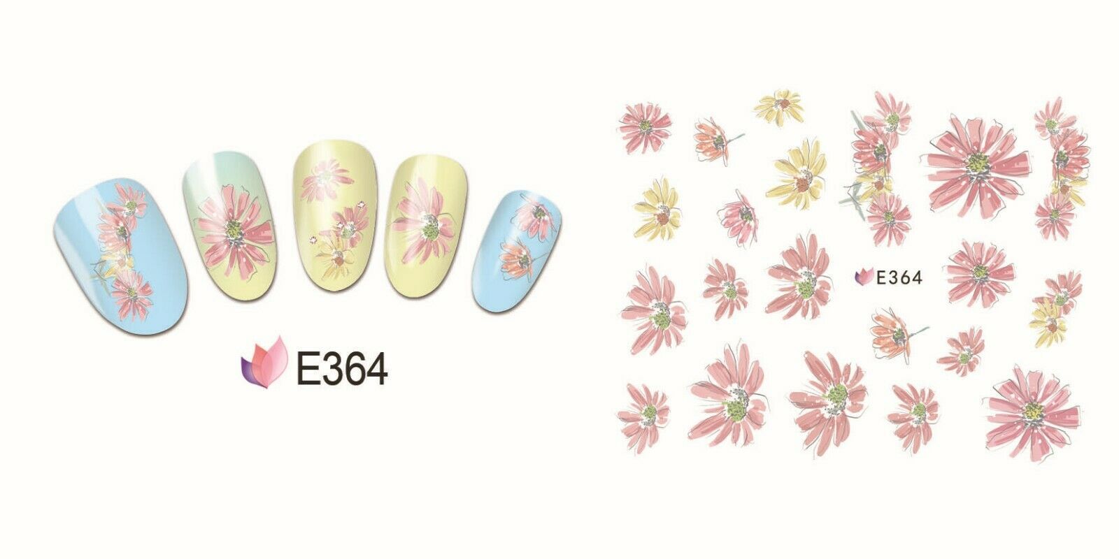 Nail Art 3D Decal Stickers Pastel Pink & Yellow Flowers E364