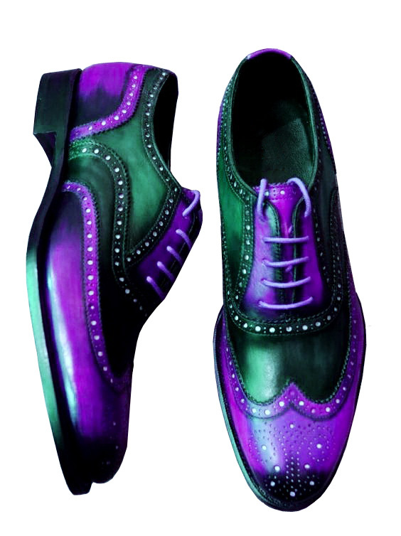 Two Tone Purple Black Contrast Oxford Brogue Toe Wing Tip Leather Lace