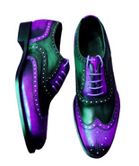 Two Tone Purple Black Contrast Oxford Brogue Toe Wing Tip Leather Lace up Shoes - $149.99 - $209.99