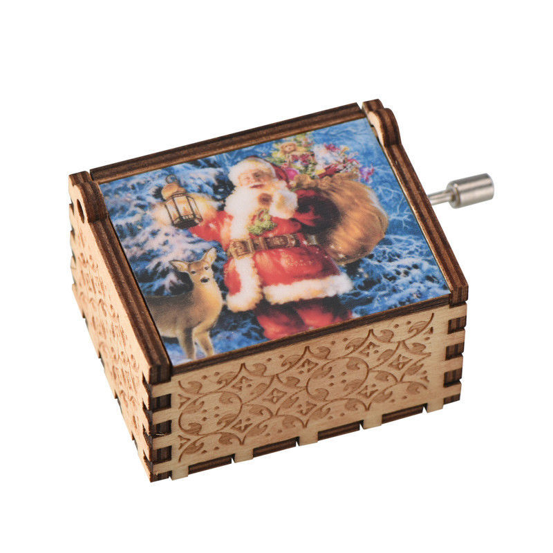 WR Wooden Santa Claus Hand Crank Music Box Merry Christmas Tree Musical