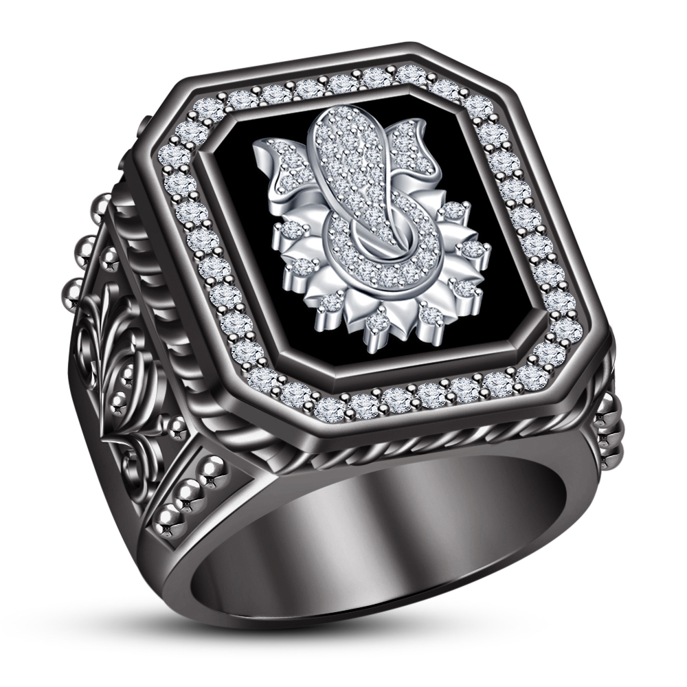 Lord Ganesha Spiritual Ring 925 Sterling Silver Sim Diamond Mens