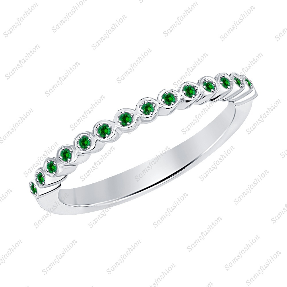 Round Cut Emerald 14k White Gold Over Stackable Half-Eternity Wedding Ring