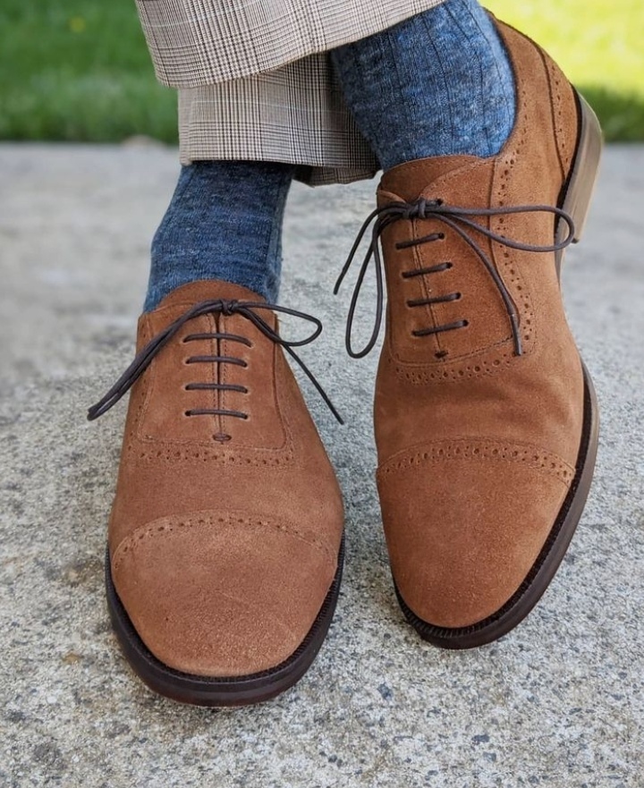 Men's Brown Suede Oxfords Cap Toe Lace Up Formal Handmade Shoes - Dress ...