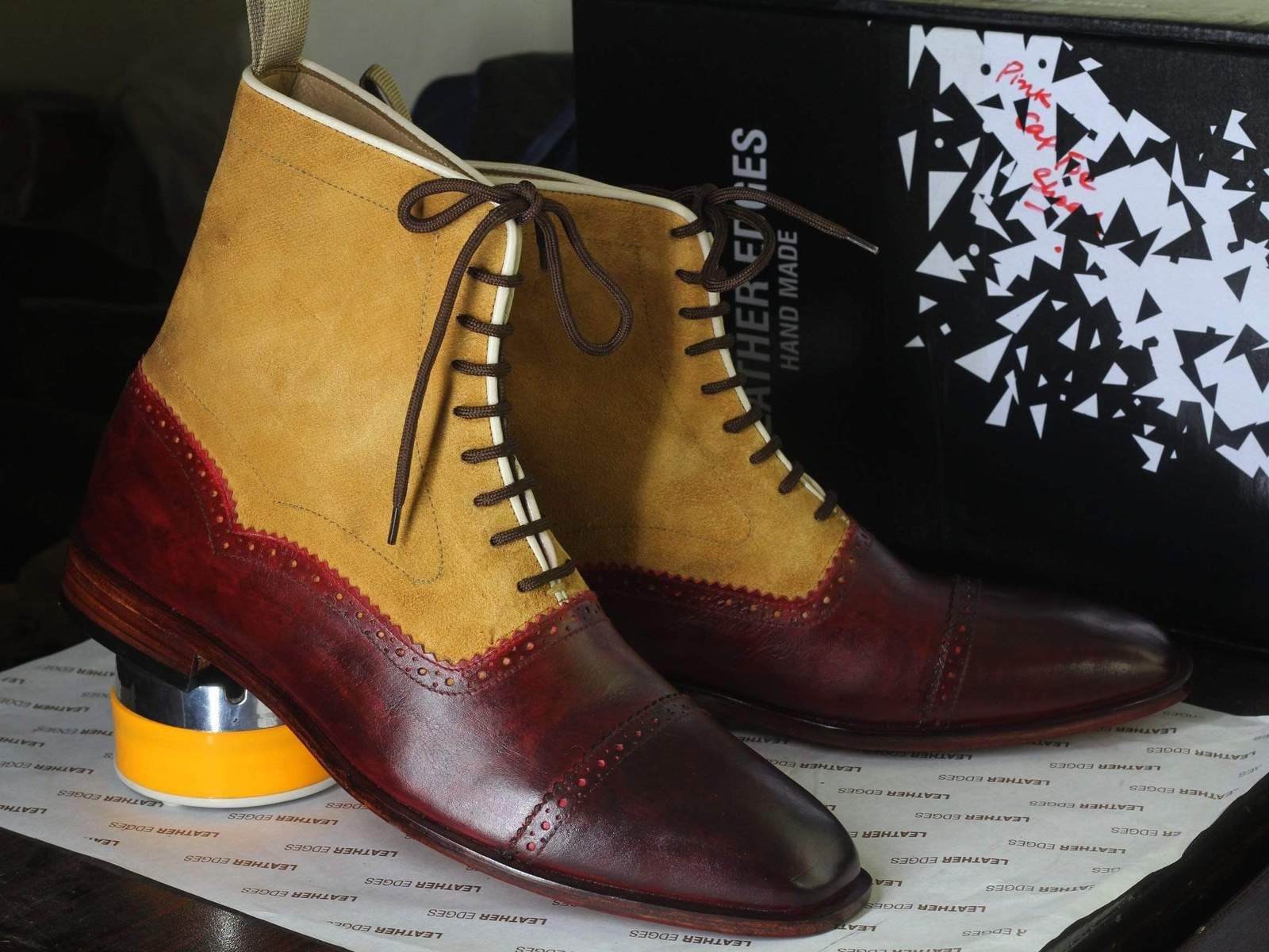 Bespoke Yellow & Burgundy Cap Toe Leather & Suede Boots For Men's - Boots