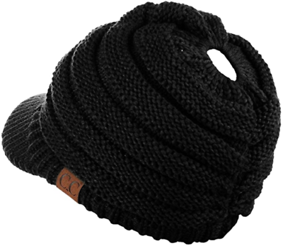 C.C Brand Brim Visor Trim Ponytail Beanie Ski Hat Knitted Messy Bun Cap - Black