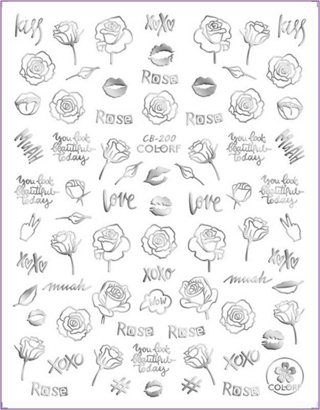 Nail Art 3D Decal Stickers White Design Flowers Roses XOXO Kiss CB200