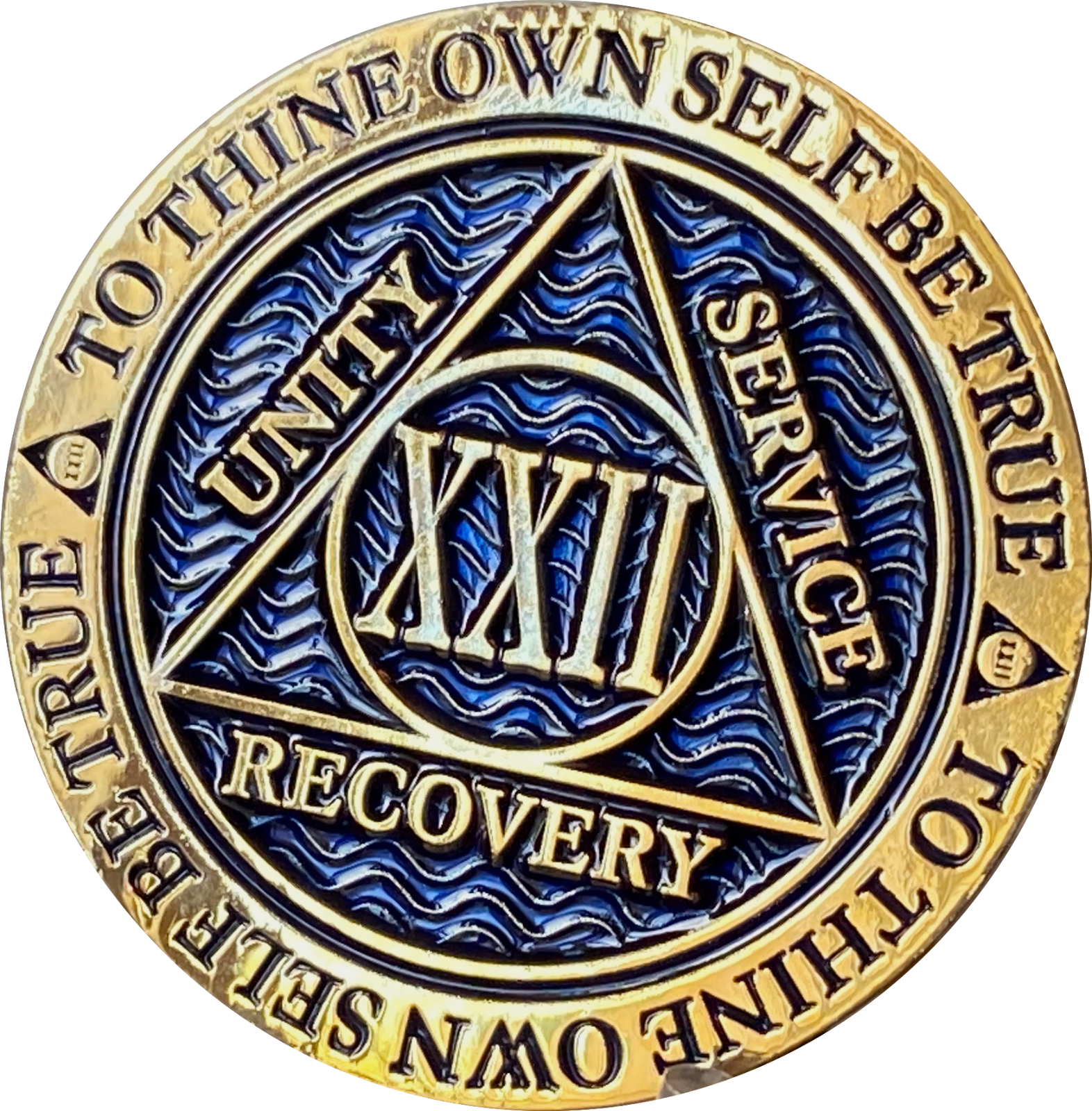 22 Year AA Medallion Reflex Dusty Blue Gold Plated Sobriety Chip Coin XXII