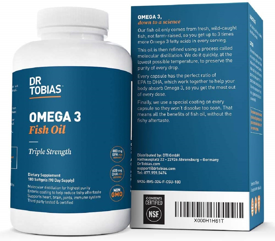 Dr Tobias Omega 3 Fish Oil Triple Strength, 2,000mg, Burpless, (180 Softgels)
