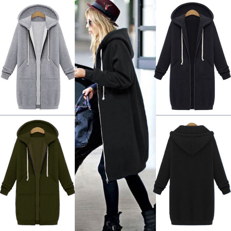 Image of Women Warm Zipper Open Hoodies Sweatshirt Long Coat Jacket Tops Outwear UK