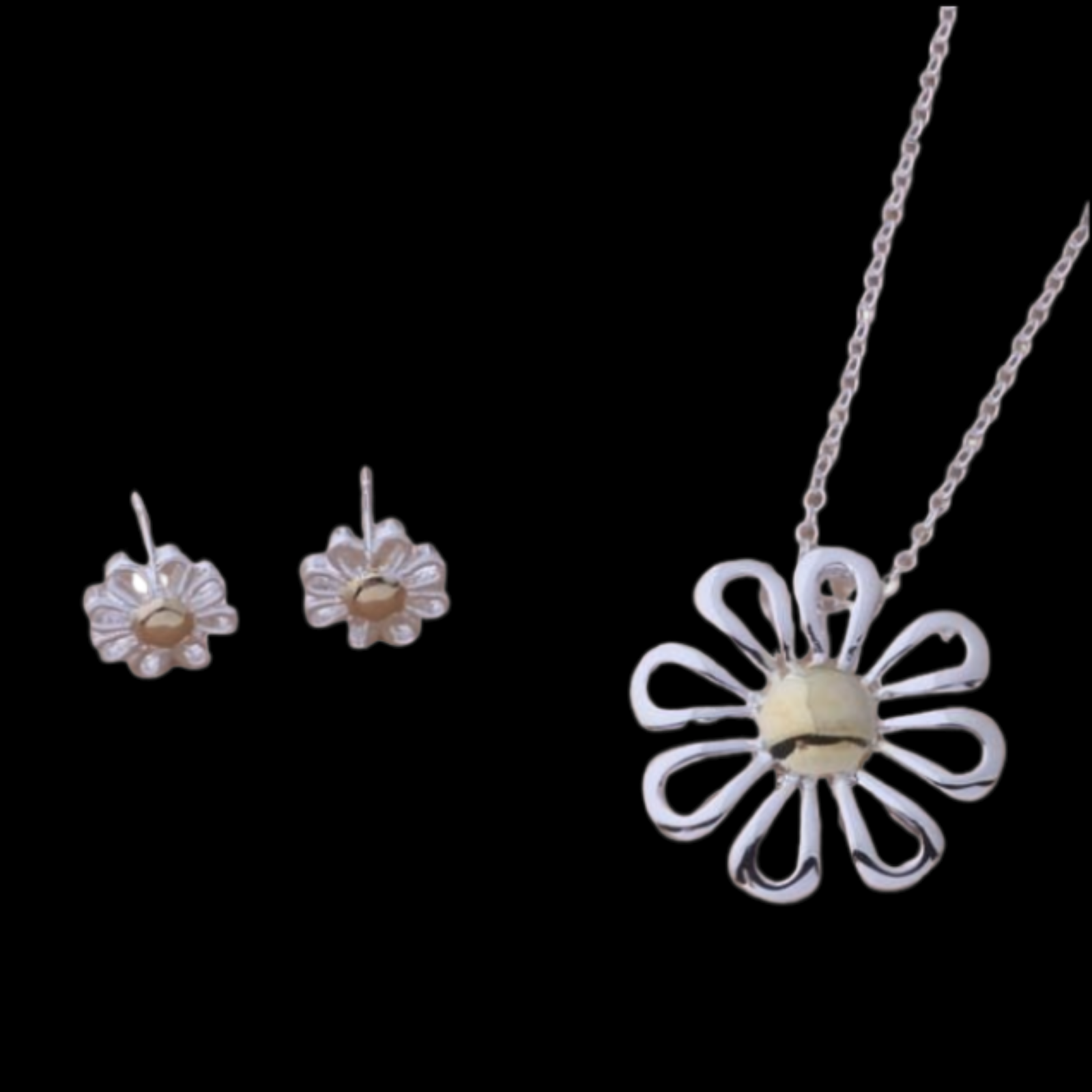 Daisy Pendant Necklace and Earrings Set Sterling Silver NEW