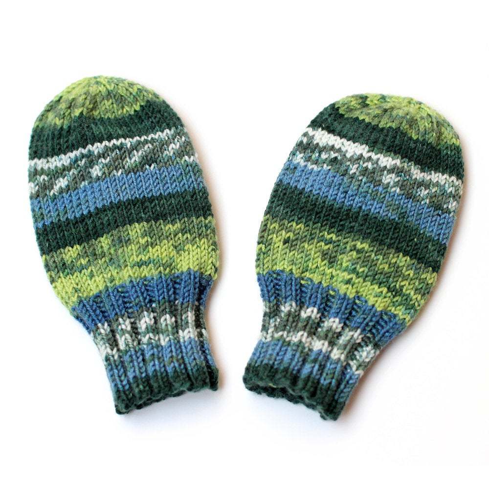 Hand Knit Mittens No Thumb, Blue and Green Gloves & Mittens