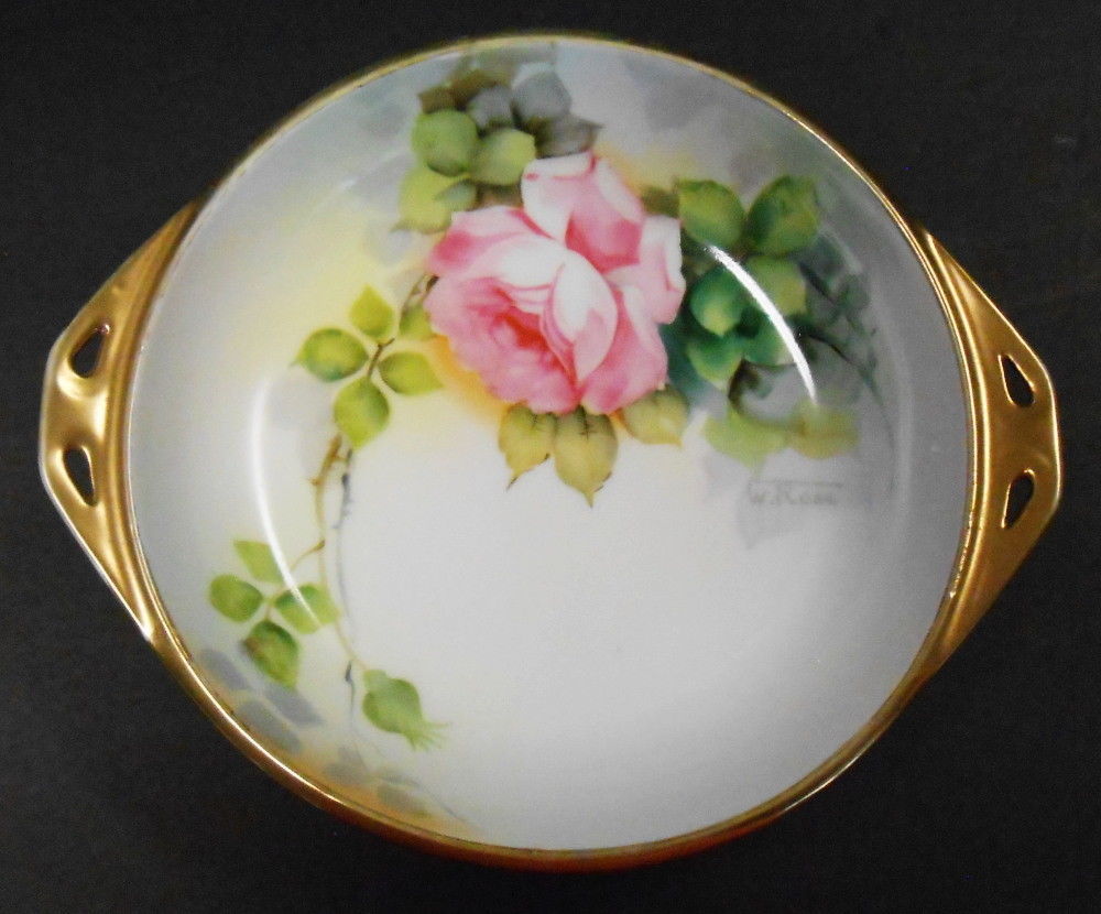 HAND PAINTED NIPPON 2 HANDLE ROUND DISH BOWL GOLD TRIM SIGNED W ROSE 7