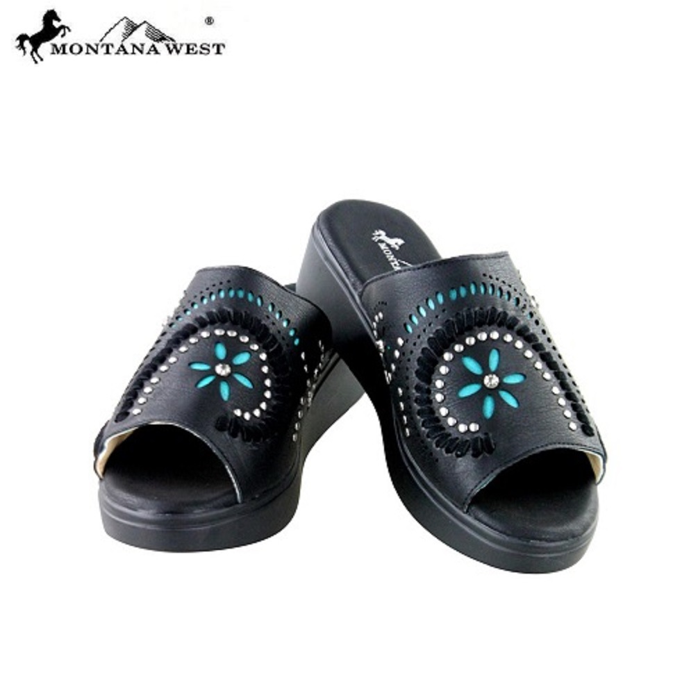 Image of Montana West Embellished Black Western Style Slip-On Back-less Wedge Sandals