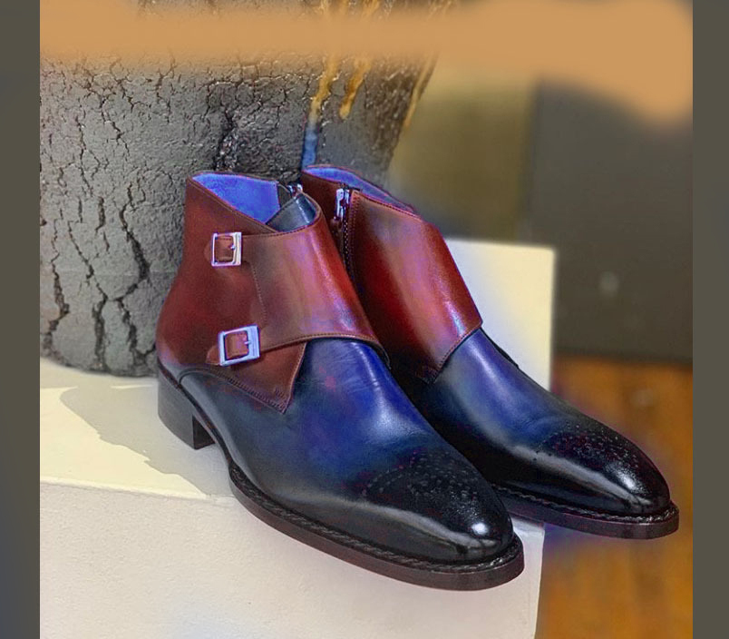 Handmade Burgundy Blue Leather Boot, Men's Double Monk Strap Brogue Dress Boot
