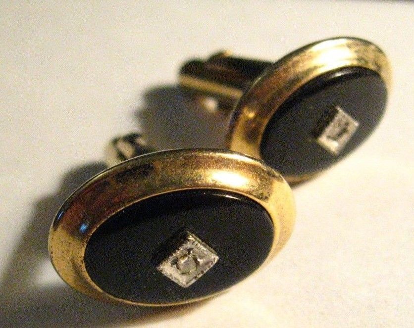 Anson Cufflinks Vintage 1960's Gold Black Diamond Rhinestone Cuff