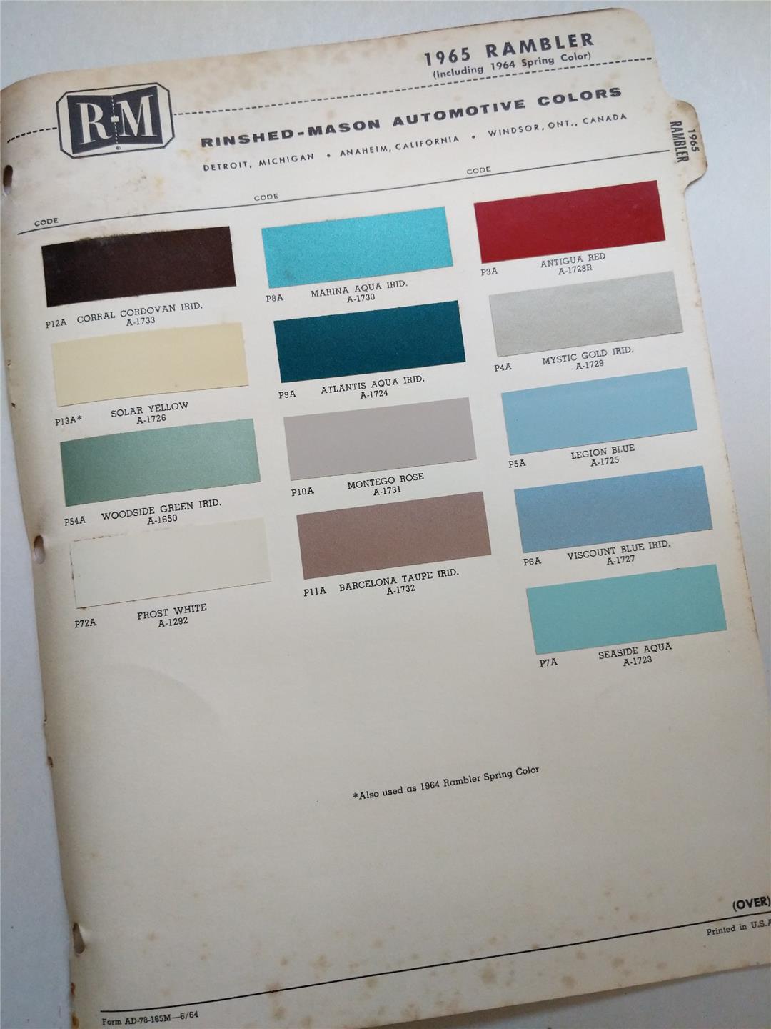 1965 RAMBLER Original RM RINSHEDMASON Automotive Paint Finish Car