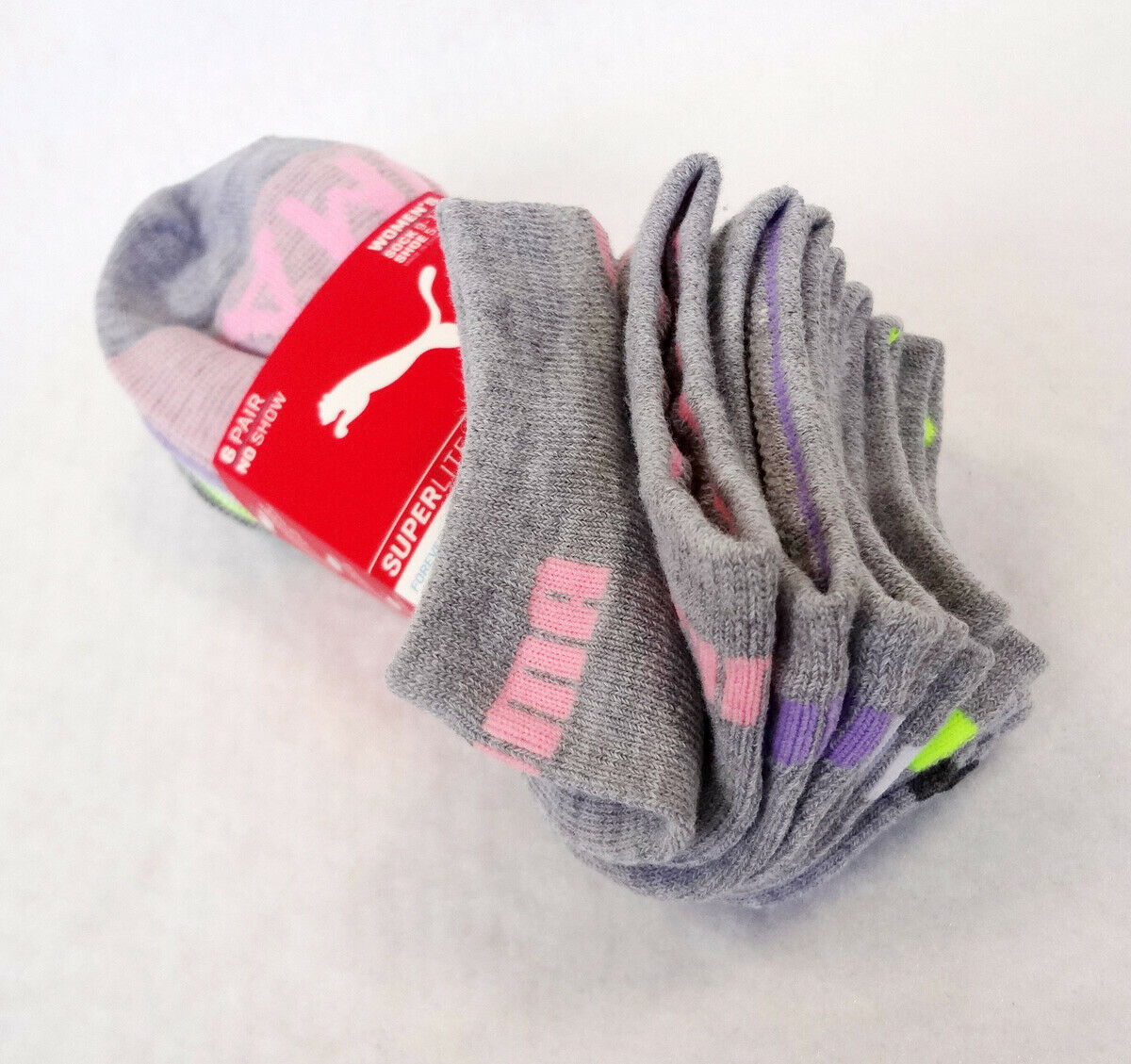 PUMA Women's Socks NO SHOW 6 Pairs Grey/Colors 9-11 Superlite COOLCELL ...