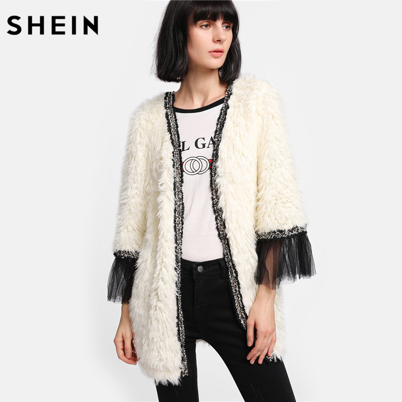 SHEIN Winter Coat Beige Women Faux Fur Coat Color Block Long Sleeve