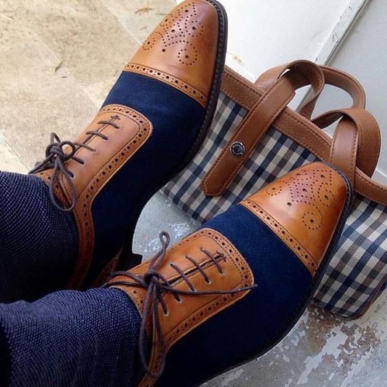 Handmade Spectator Semi Brogue Quarter Suede Leather Men's Oxford Wedding Shoes