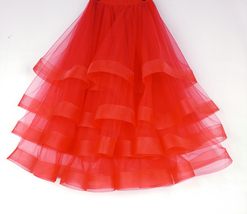 Red Layered Midi Tulle Skirt Women High Waist Layered Red Party Skirt Plus Size image 2