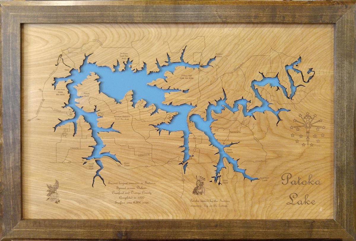 Wood Laser Cut Map of Patoka Lake, IN Topographical Engraved Map ...